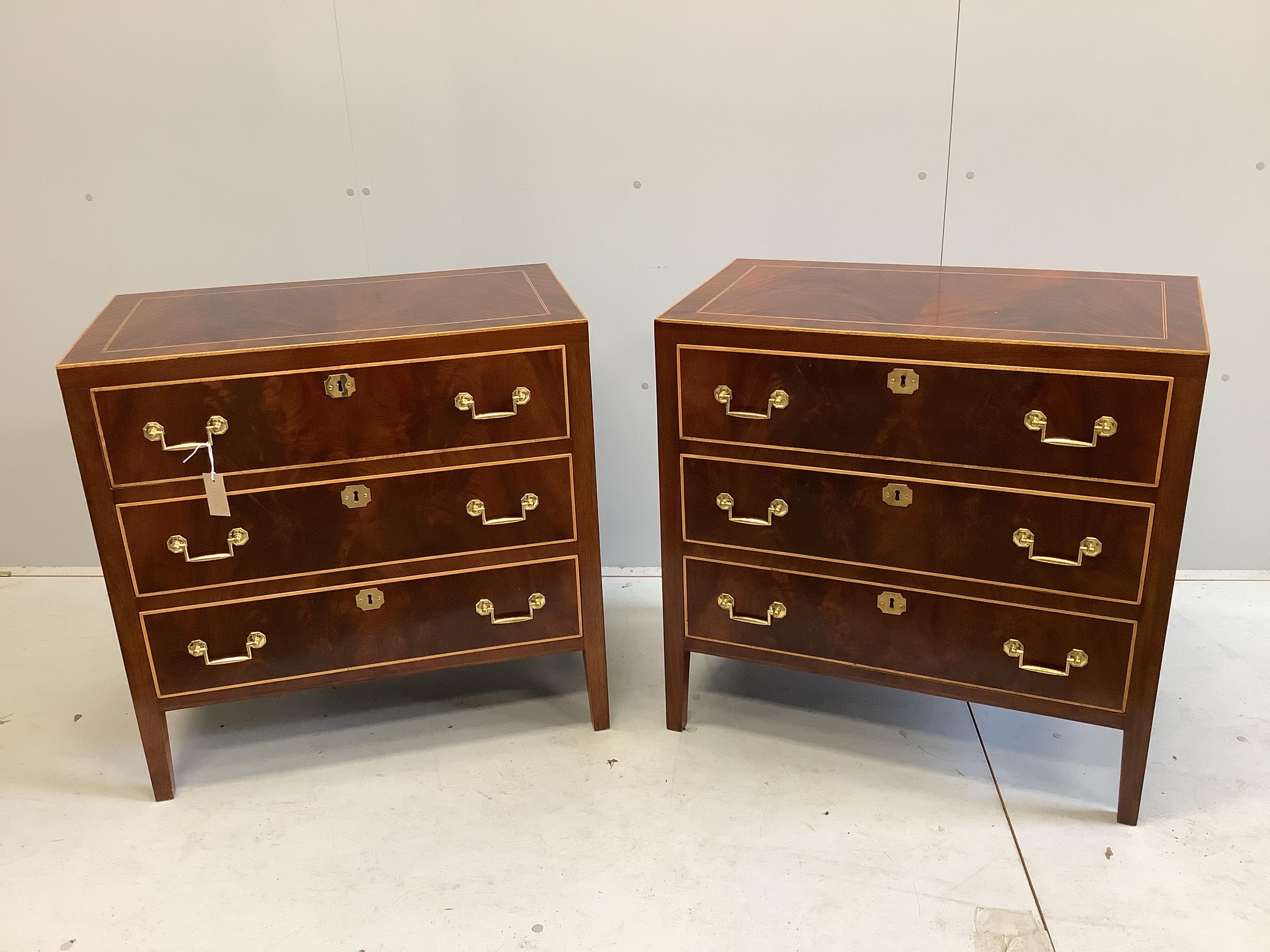 A pair of George IV style inlaid mahogany three drawer chests, width 79cm, depth 46cm, height 78cm